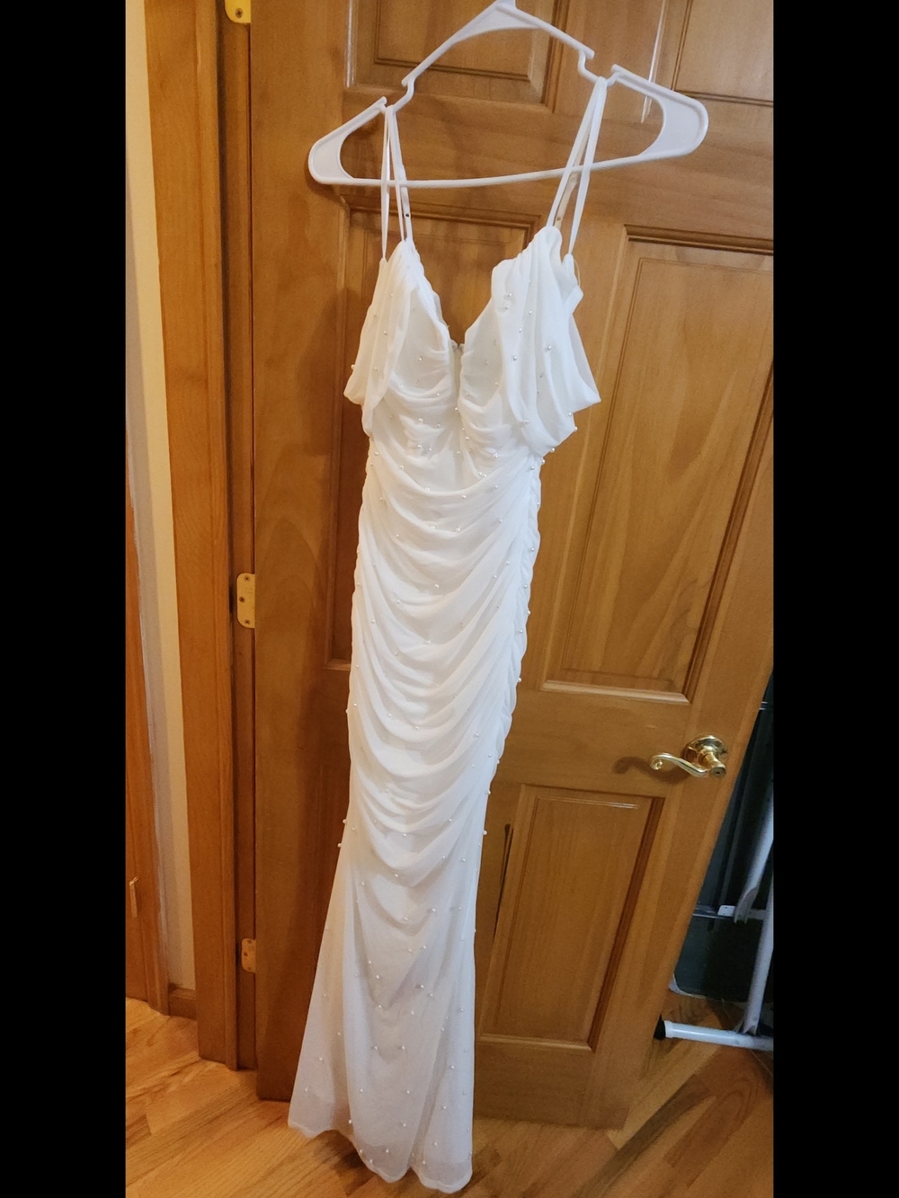 Windsor White Spaghetti Strap Ruched Pearl Evening Gown